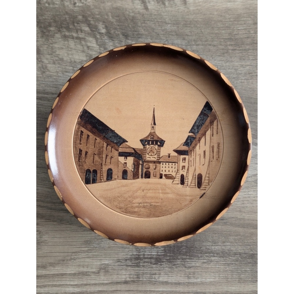 Vintage Swiss Wood Burned Musical Trinket‎ Stand Emmenthalerlied Pyrography Art